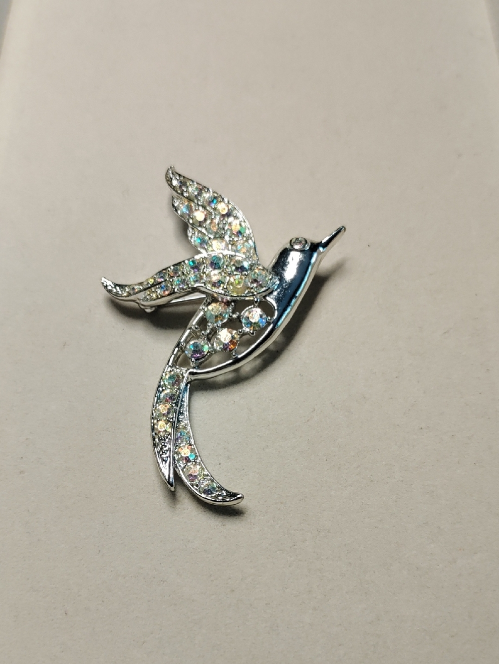 Sarah Coventry Silver Tone Hummingbird Crystal  Brooch  With AB Rhinestones
